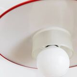 Red metal and glass Danish ceiling light, mid-century Memphis-inspired pendant with opal globe