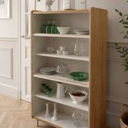Vintage library in oak veneer, pearl grey interior, metal legs.