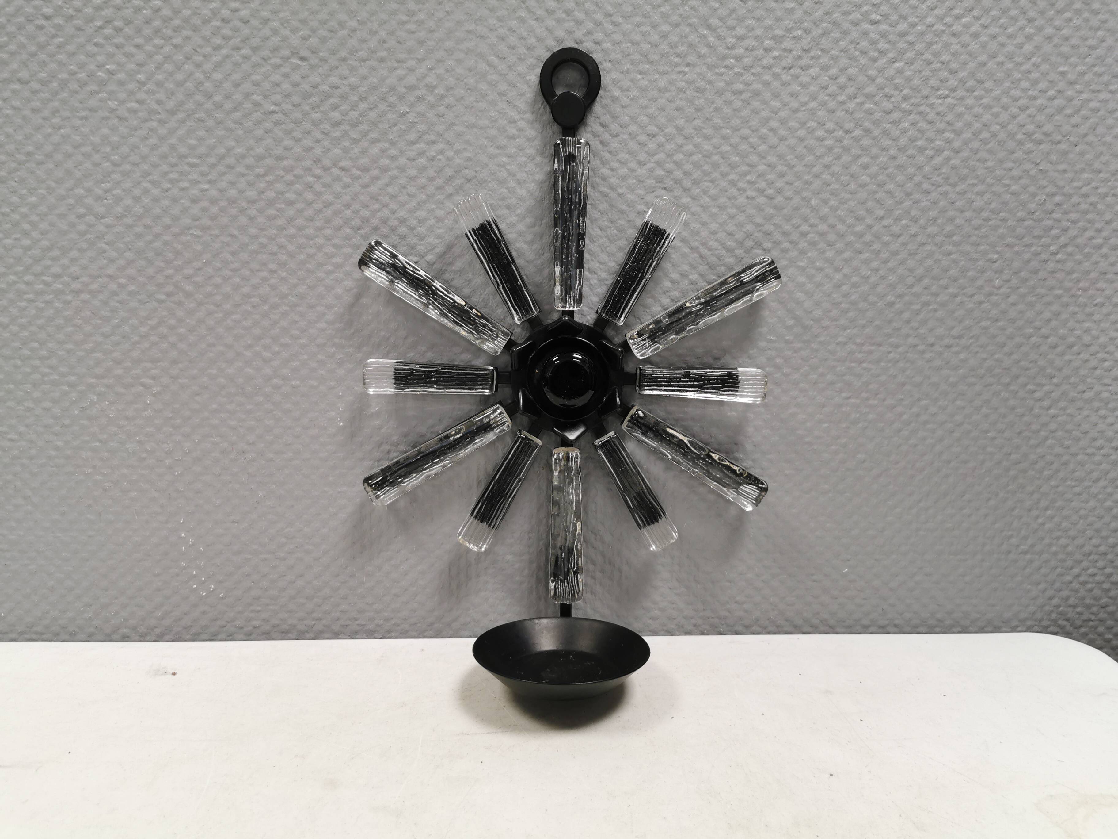 Vintage wrought-iron wall candle holder with pressed glass decoration 1970s