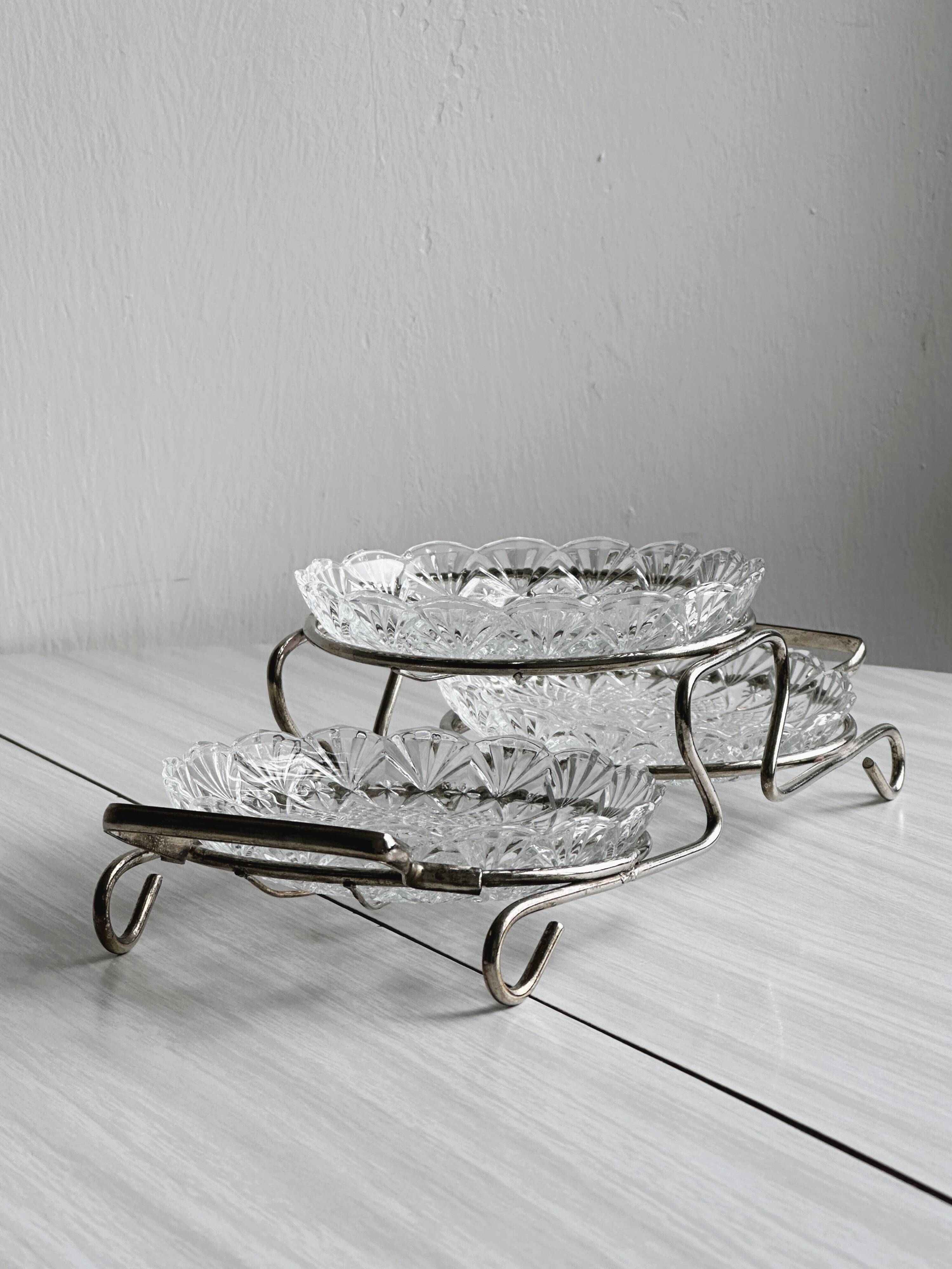 Metal and crystal server, crystal ramekins.