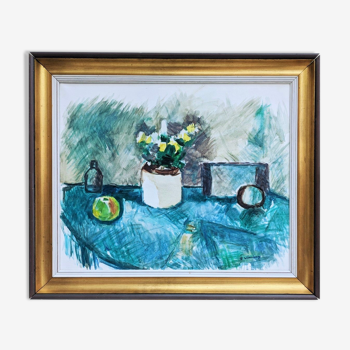 Mid 20th century "teal table" swedish expressionist still life oil painting, framed