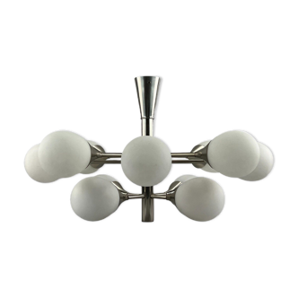 12-flame Sputnik chandelier from the 1960s and 1970s, Kaiser Leuchten, opal glass design