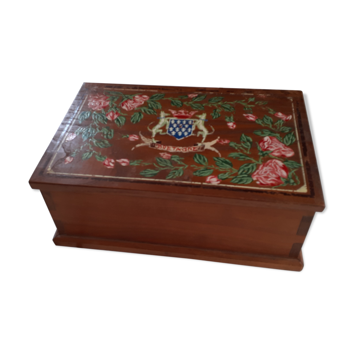 Wooden box with compartments and 2 floors. Decor painted hand, Breton coat of arms and flowers.