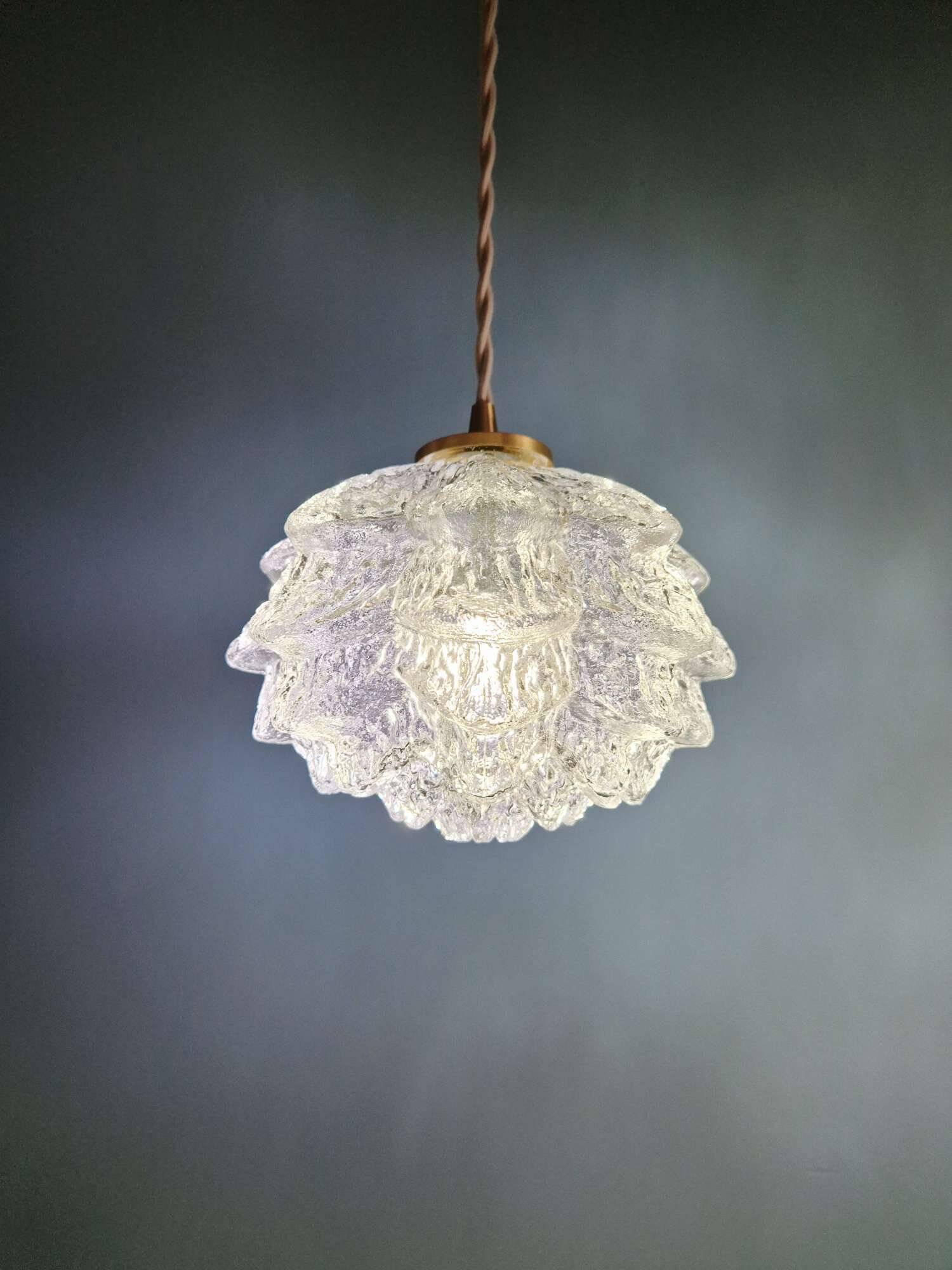 Pair of frosted glass pendant lights, artichoke-shaped, 1960s.