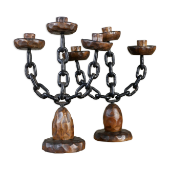 Pair of brutalist wood and wrought iron candlesticks