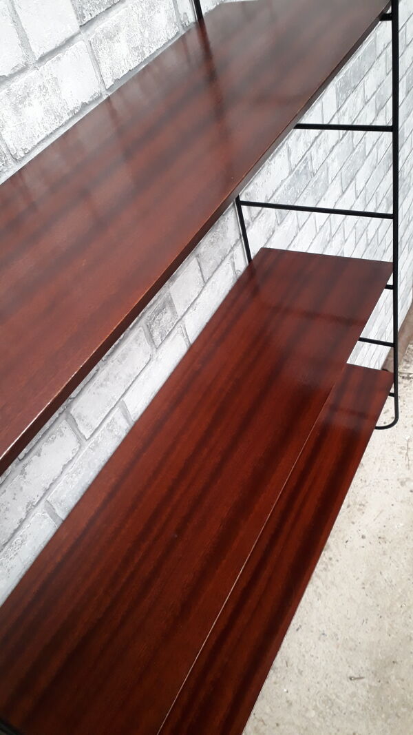 Etagere scandinave 1940 a 50 Tomado acier et 3 plateaux 65x19. Plaquage bois d acajou bisauté