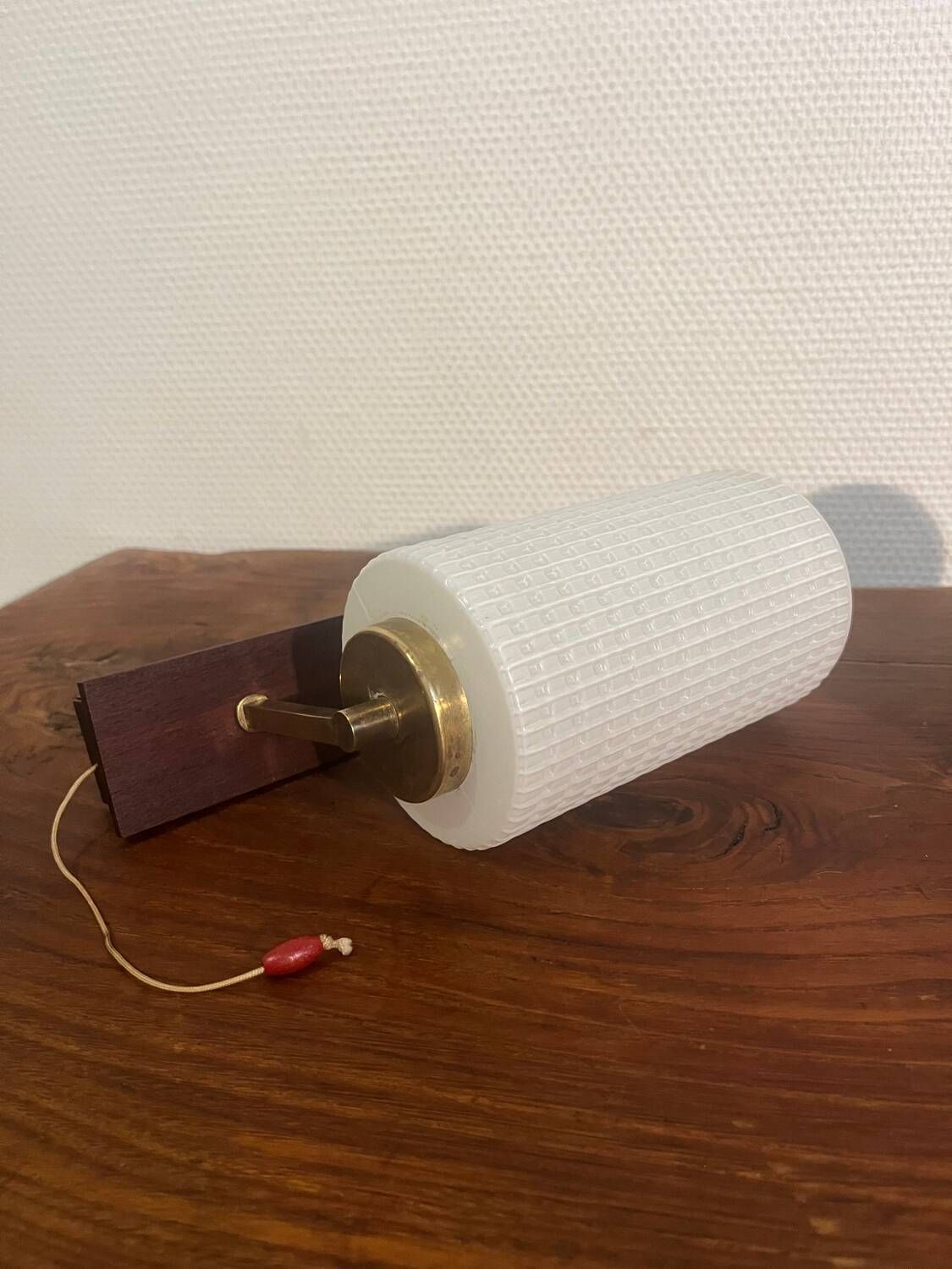 Pair of brass, wood and opaline glass wall lights from the 60s