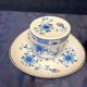 Volkstedt. Set of bonbonnière, plate and vase in cobalt.