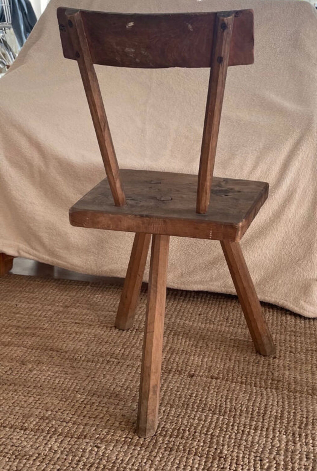 Set of three wooden tripod chairs in oak, raw art.