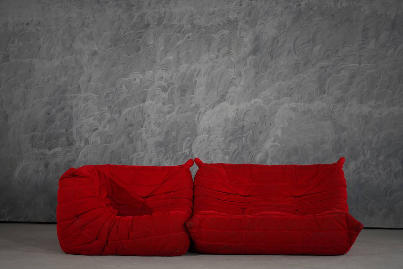 Red Alcantara Togo 2-seater sofa and corner by Michel Ducaroy for Ligne Roset, 2000s