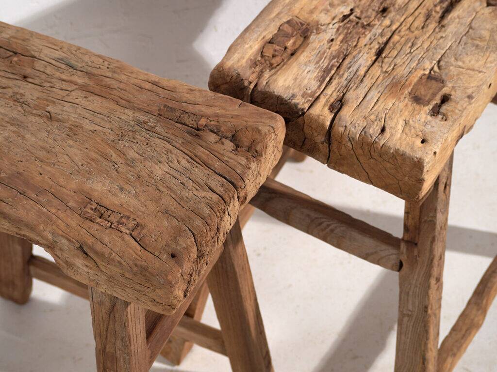 Antique solid wood stools (circa 1900). Set of 2 pieces no. 2.