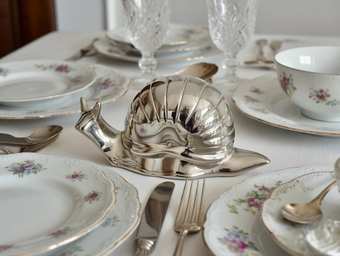 Vintage butter dish, silver-plated snail, salt shaker, 1950s.