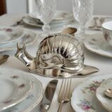 Vintage butter dish, silver-plated snail, salt shaker, 1950s.