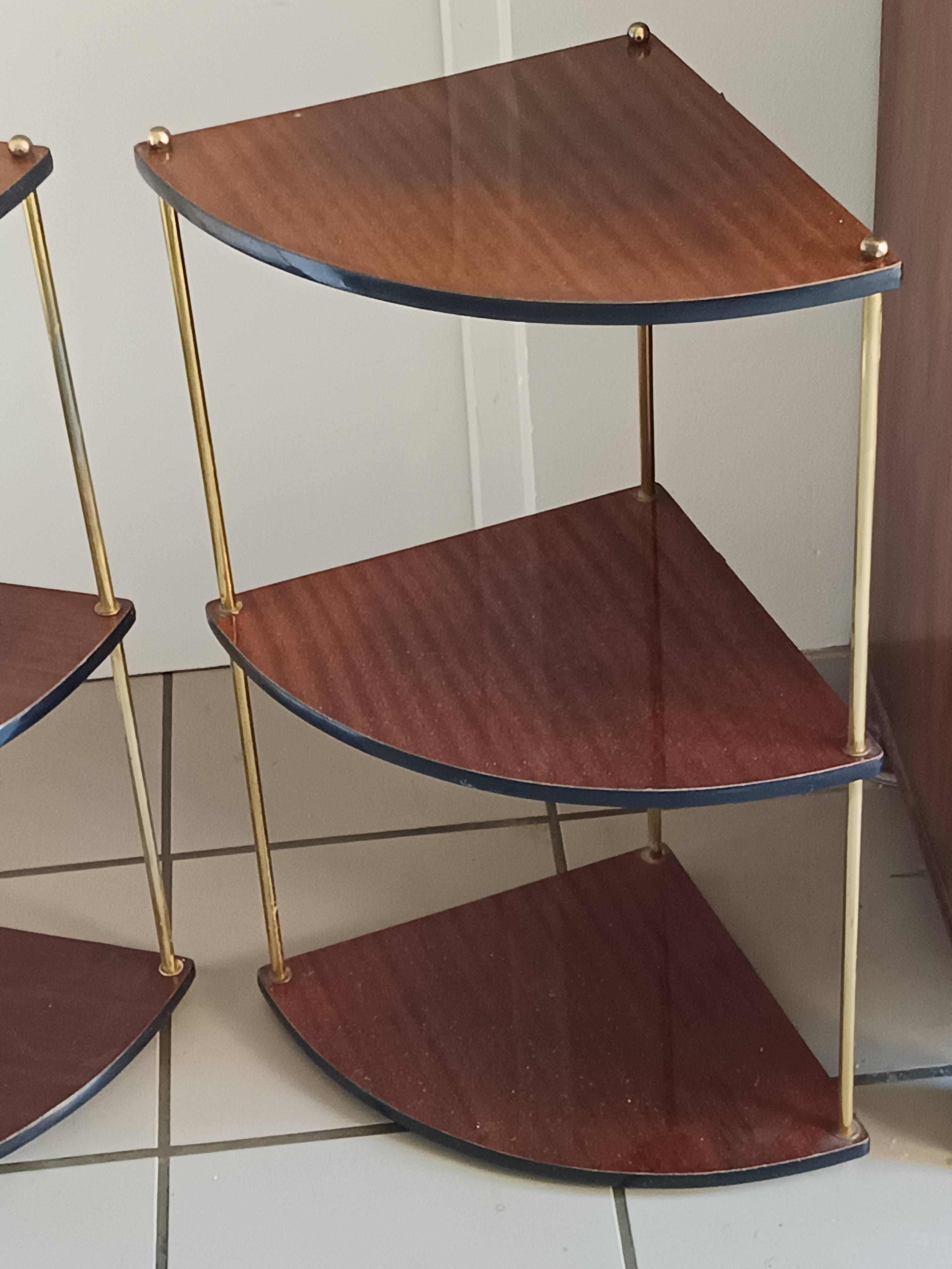 Pair of vintage corner shelves in wood and gold metal, 1960s