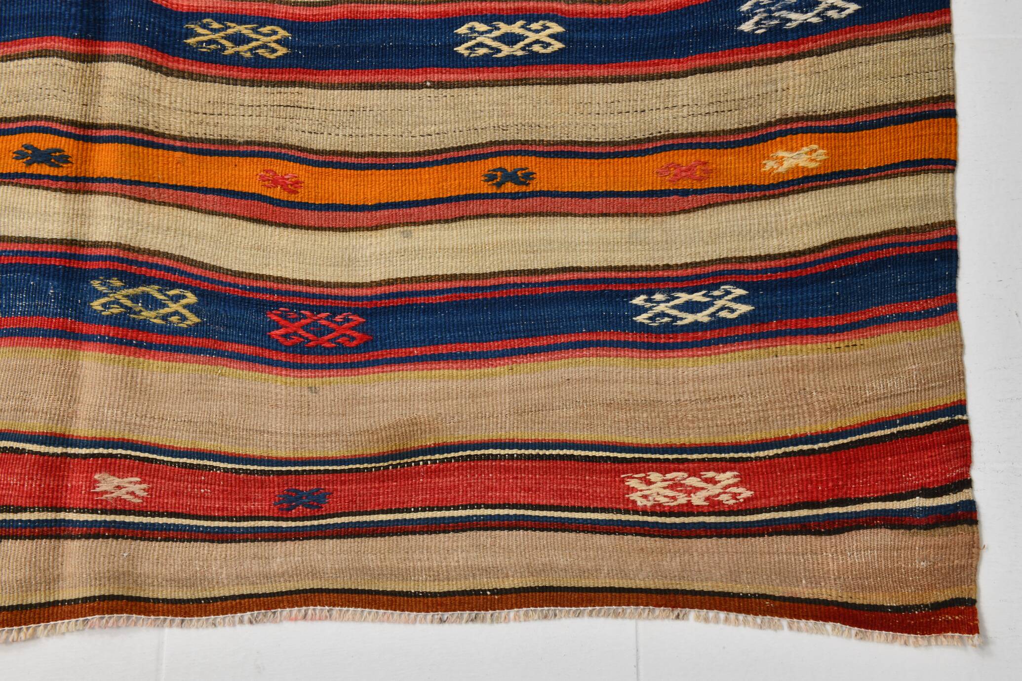 Cream Blue Striped Pattern Vintage Kilim Rug, 162x267Cm