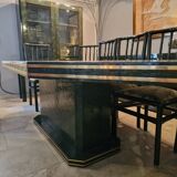 Set of table and chairs in bamboo and brass marquetry, circa 1970