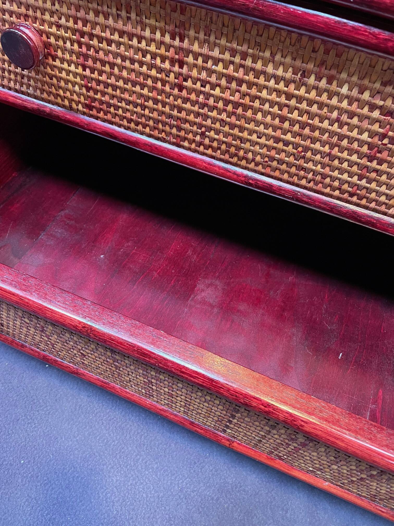 Wood and rattan commode Maugrion vintage 1980s