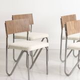Set of 4 chairs, with a chromed steel frame and a walnut backrest