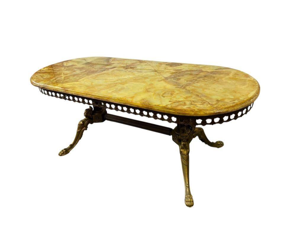 Vintage onyx coffee table with brass frame.