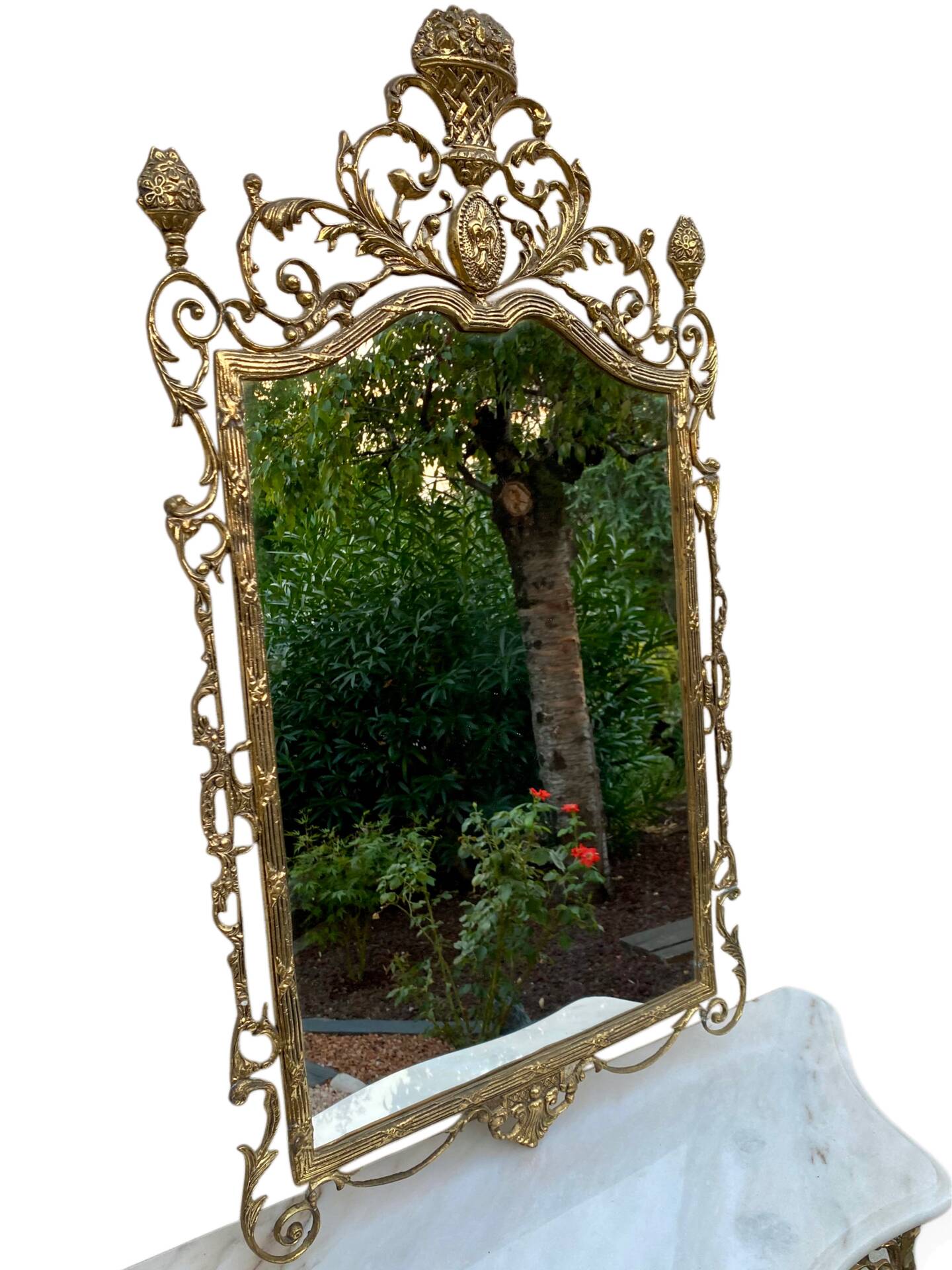 Console and mirror set in brass, Louis XV Rococo style.