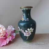 Vintage cloisonné green chinese vase with flower and bird pattern