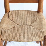 Set of six 1950s chairs in solid wood and straw