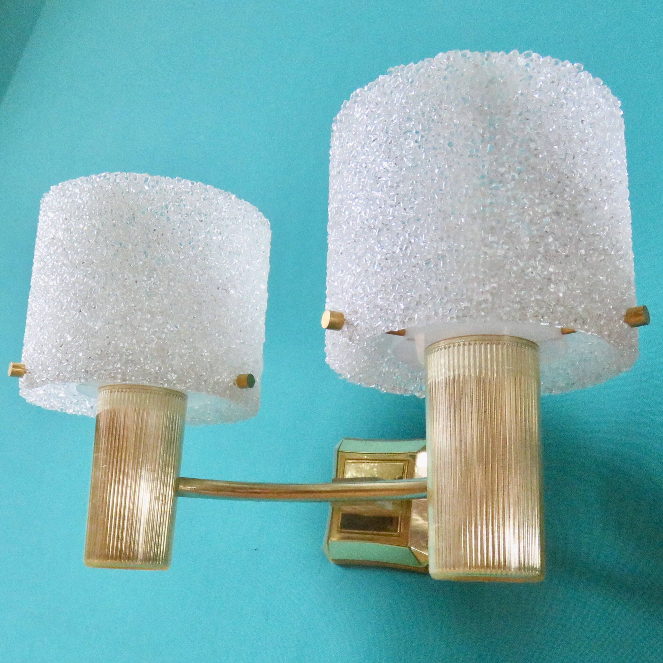 Pair of brass and gold plastic sconces with granite lampshades, France 1950
