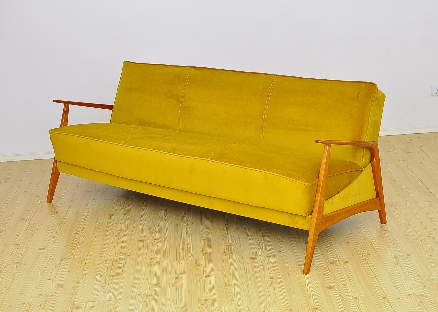 Mid-century Velvet and Cherry Wood Sofa Daybed, 1960s