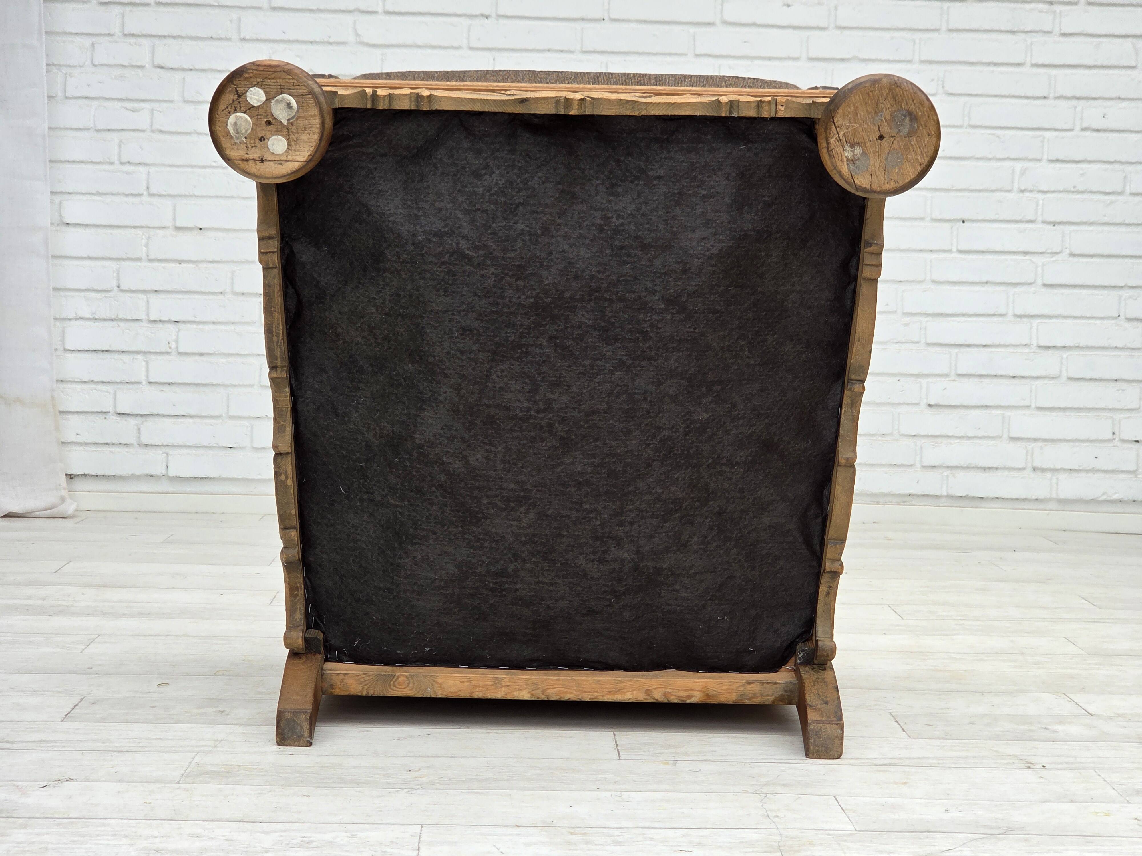 1950s, Danish armchair, furniture wool, solid carved oak wood.