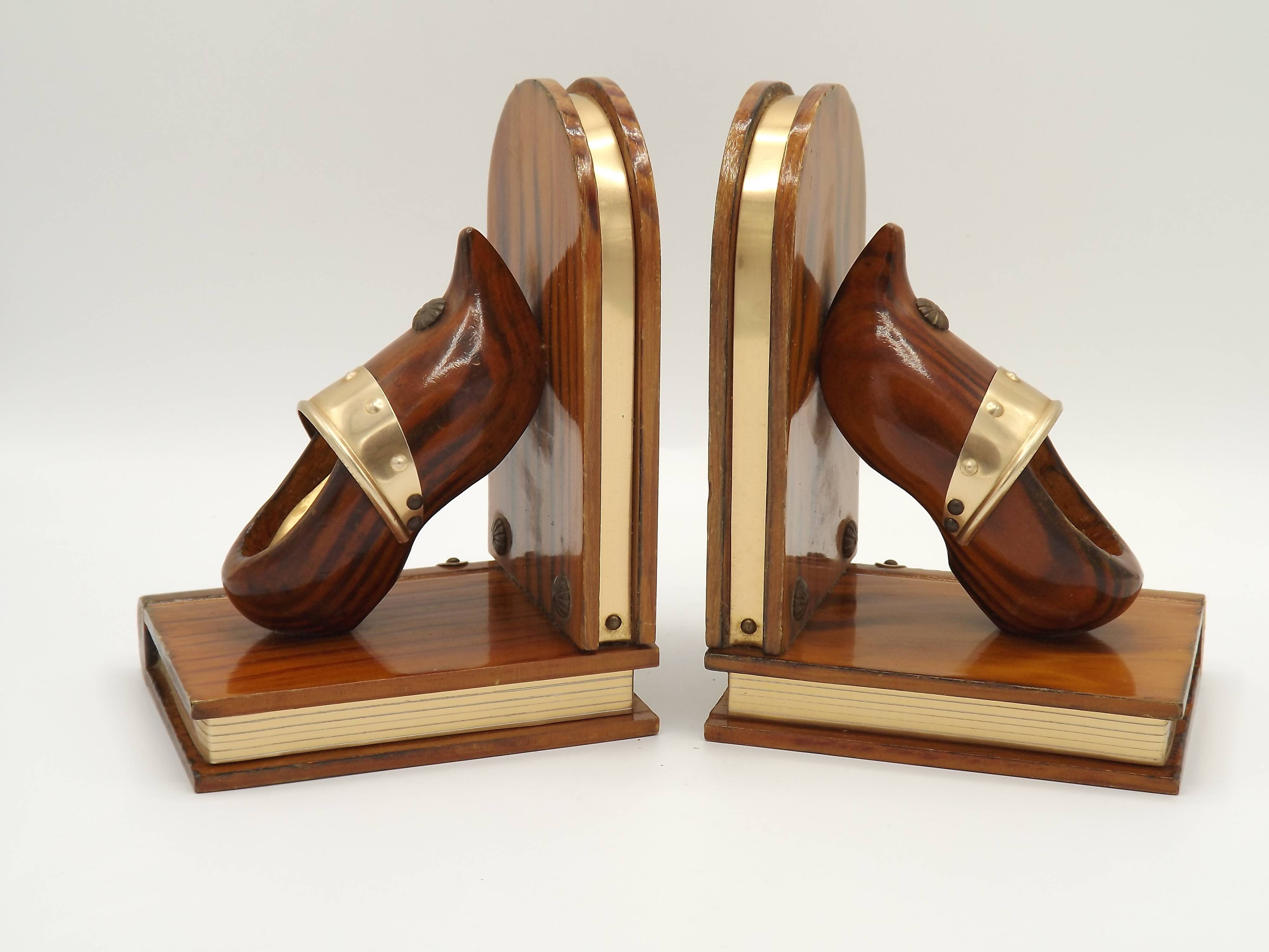 Vintage French Breton wooden bookends hand-carved with book and clog motif.