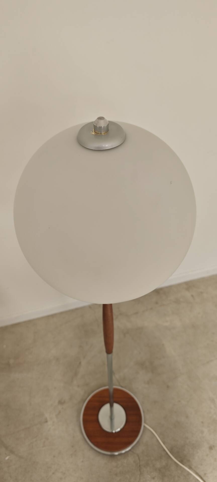 Modernist floor lamp in teak, chrome metal, opaline, Czechoslovakia 60s
