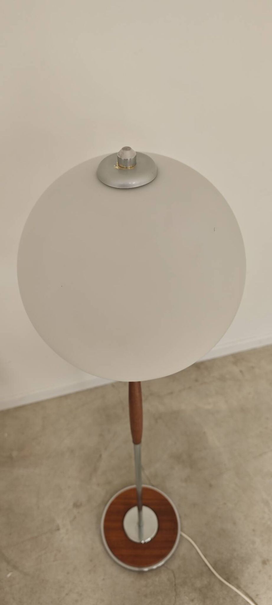 Modernist floor lamp in teak, chrome metal, opaline, Czechoslovakia 60s
