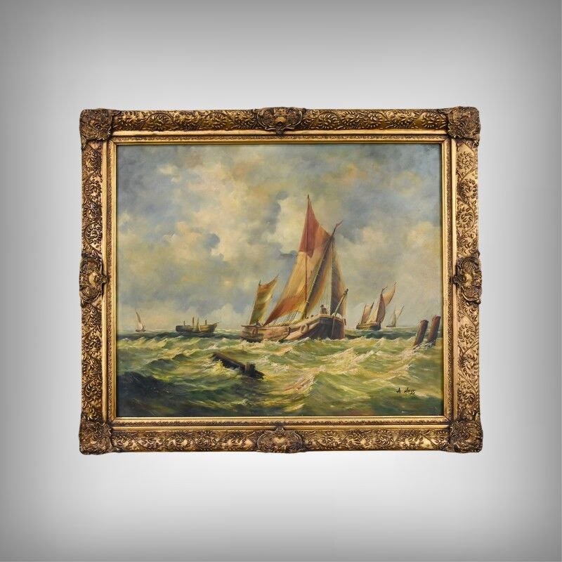 Tableau "Sailboats in Rough Seas" signed Albert Hess – Mid 20th century