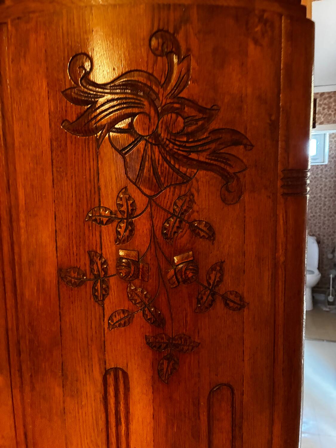 Antique Art Deco solid wood wardrobe with mirror