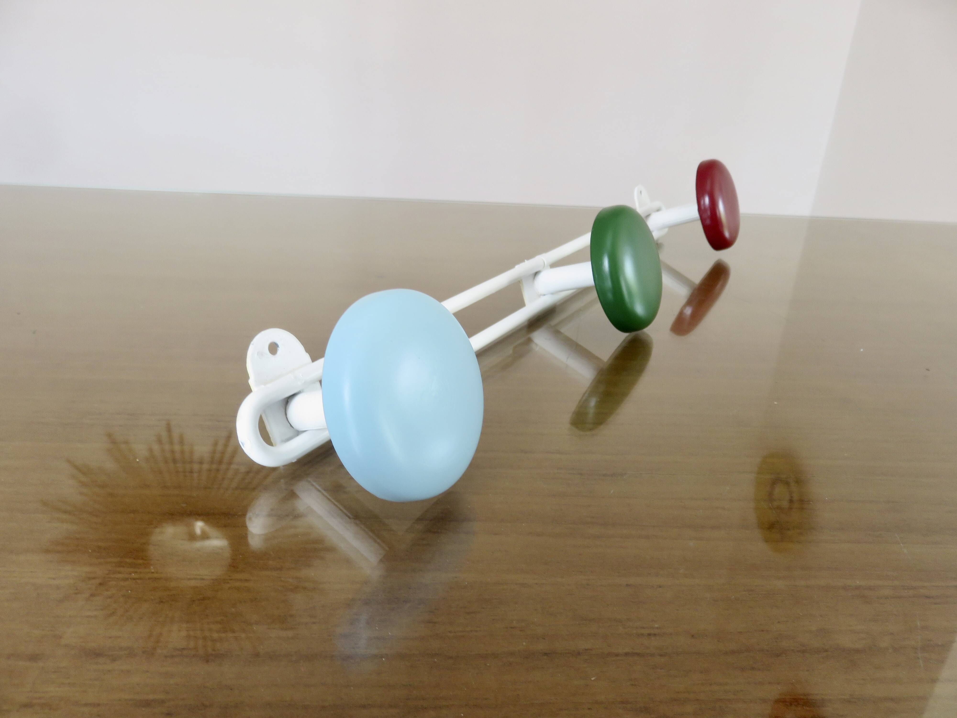 Metal coat rack, 3 colored hooks from the 60s and 70s