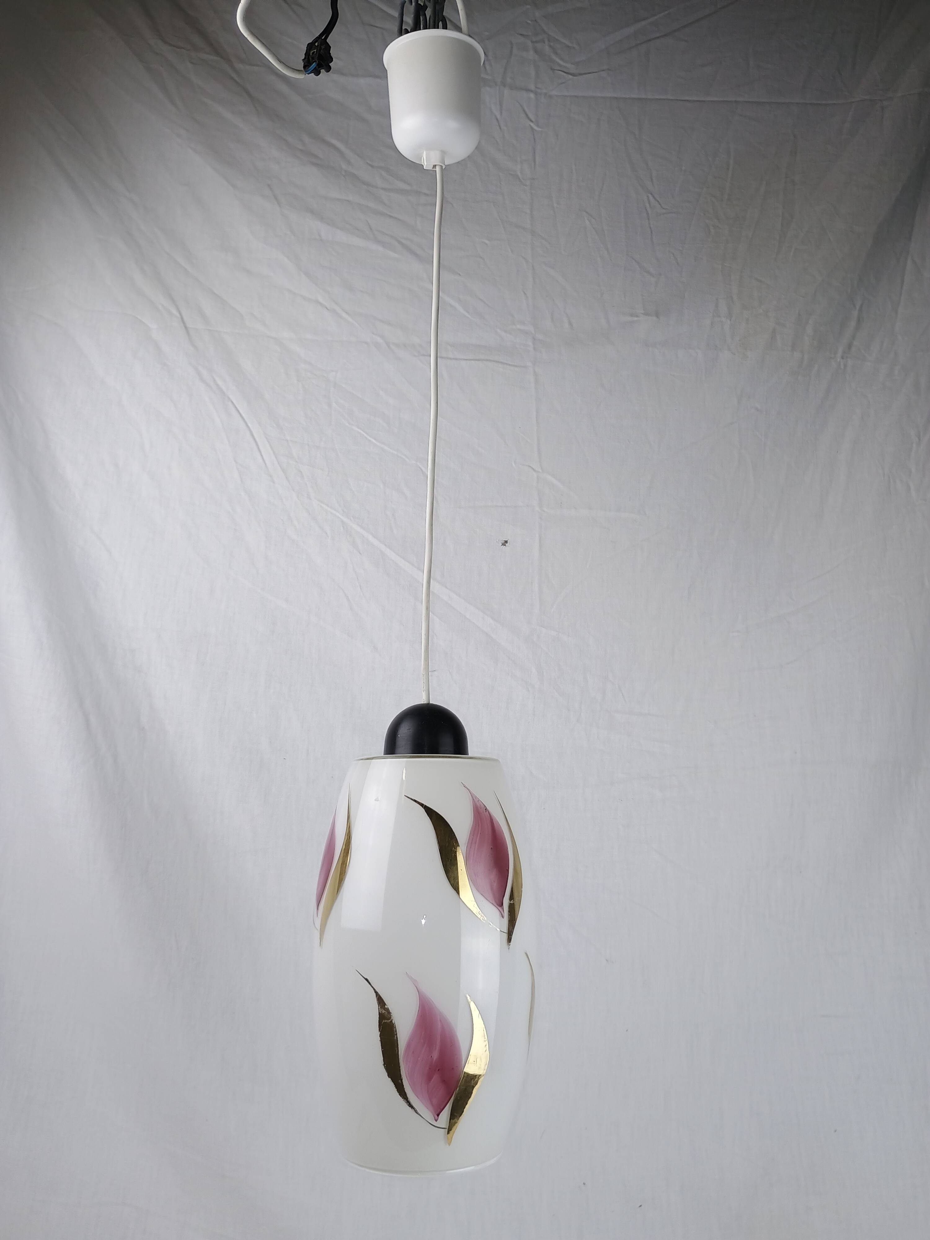 Vintage 1950s Pendant Light, Cream White Glass, Pink and Gold Flower Pattern, ARLUS