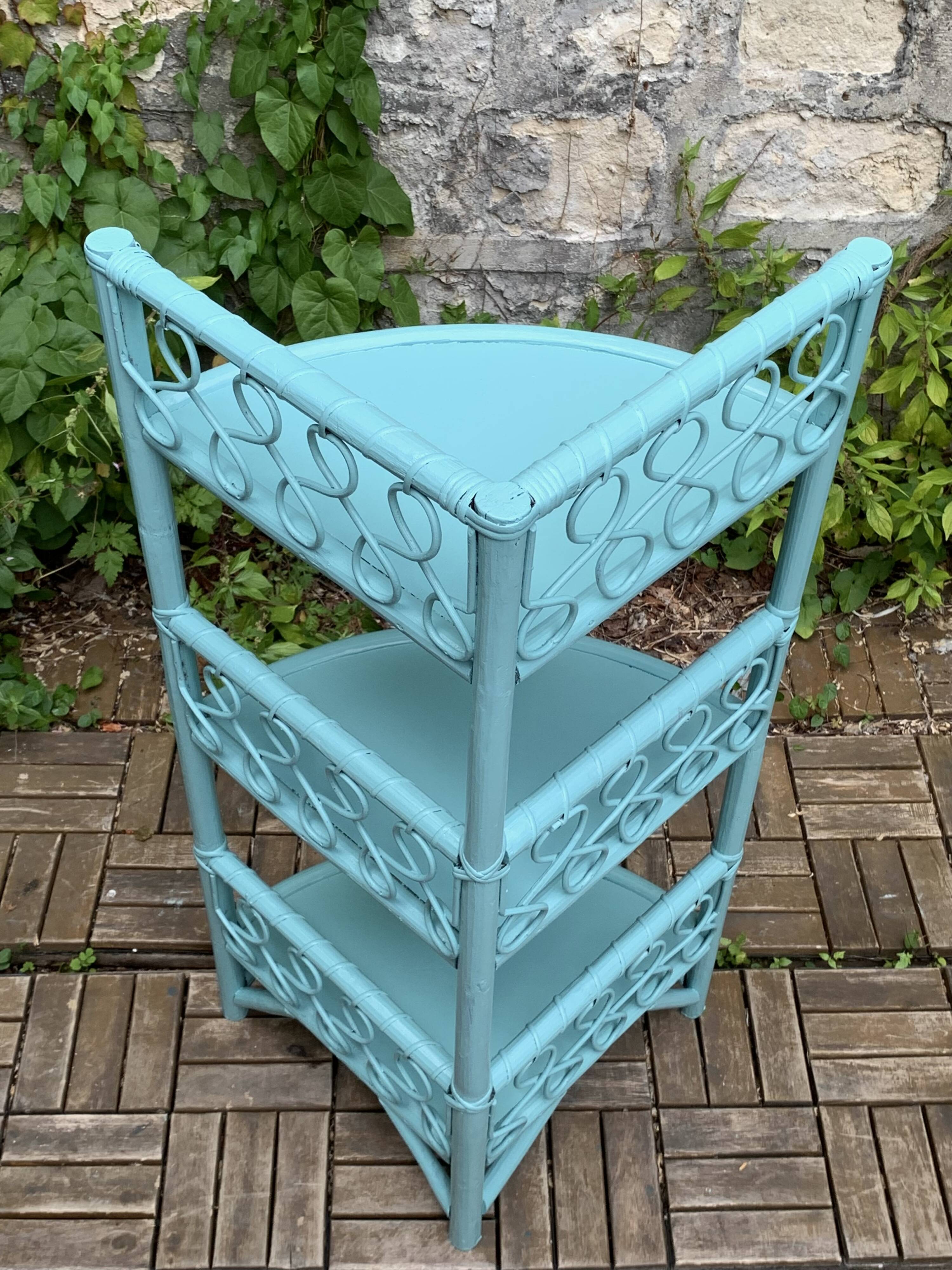 Vintage turquoise rattan corner shelf 1960