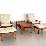 Salon de campagne italien en chêne avec nouveau revêtement en tissu bouclé, années 1970