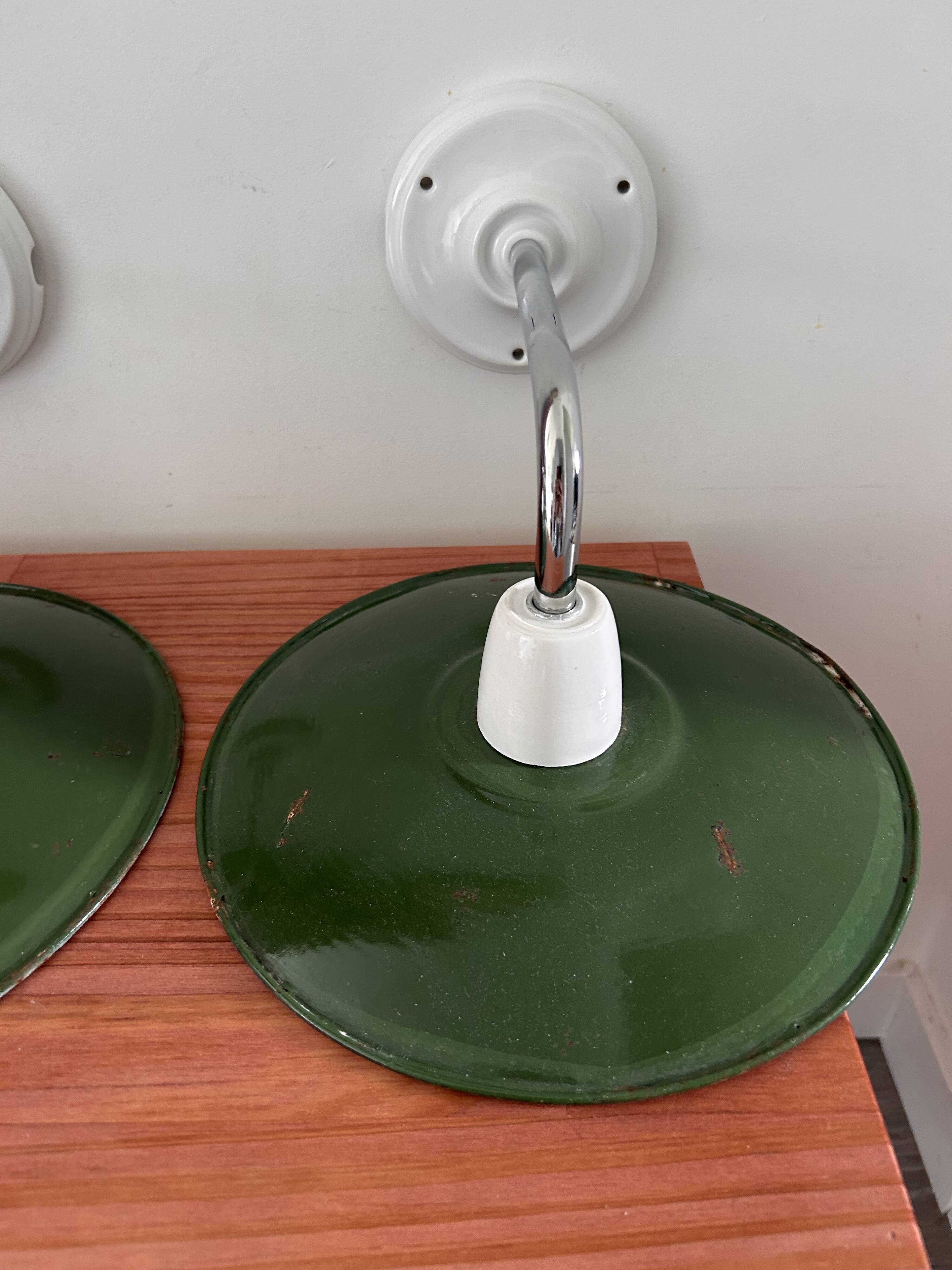 Pair of wall lights in green enameled sheet metal
