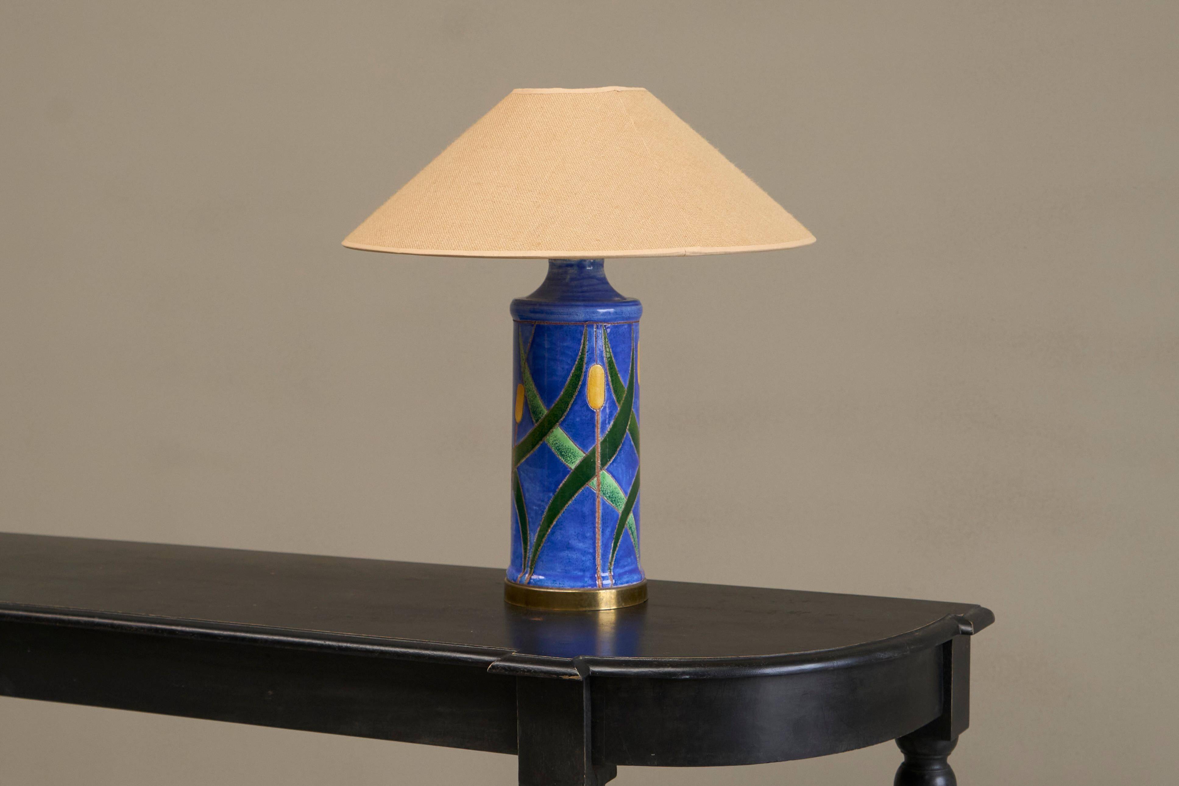 'Reed' table lamp in pottery and brass, mid-century style, 1960.