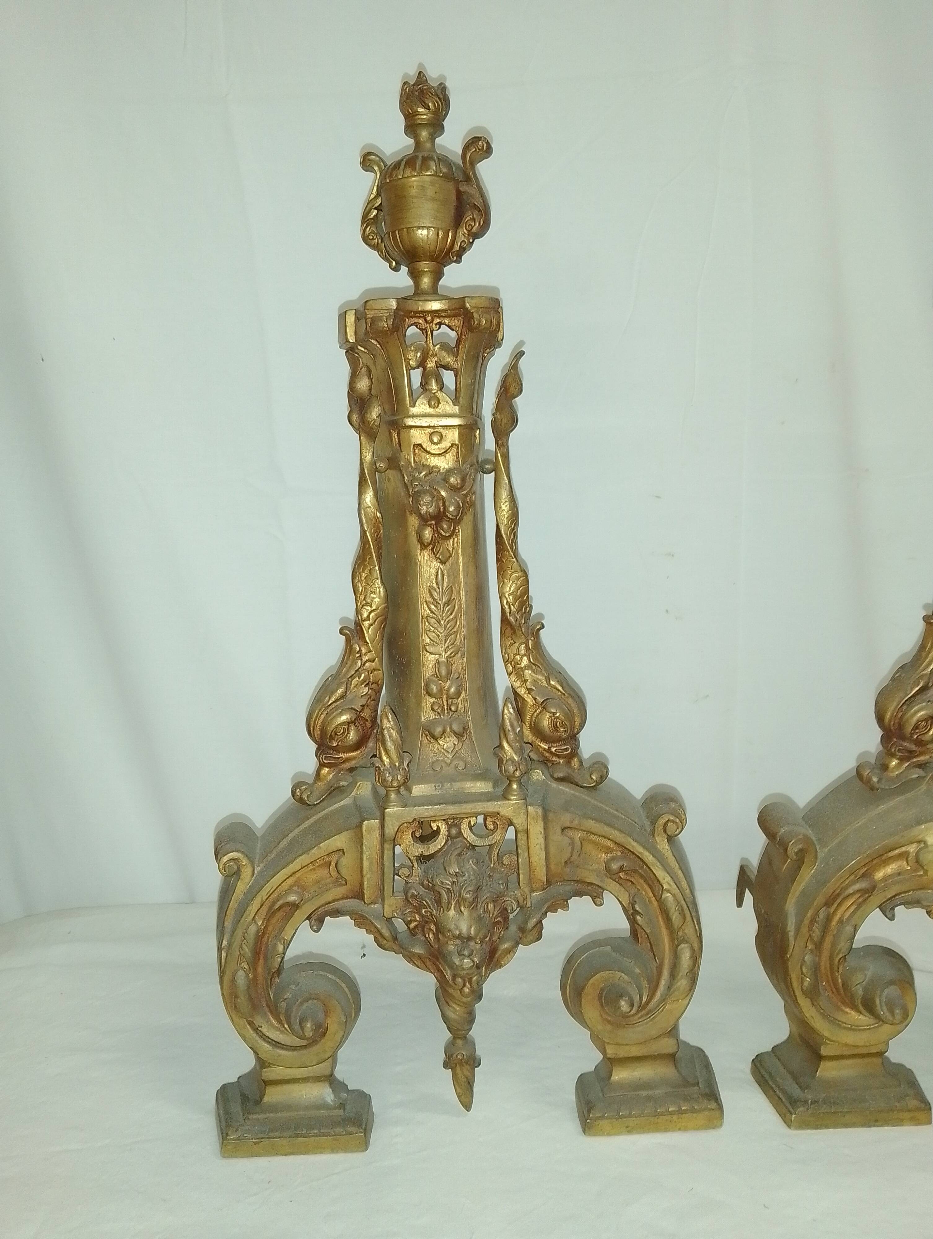 2 Bronze Fireplace Andirons 19th Century