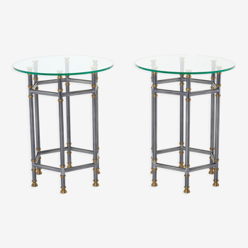 Pair of pedestal tables rifle barrel brass glass Maison Jansen 1970