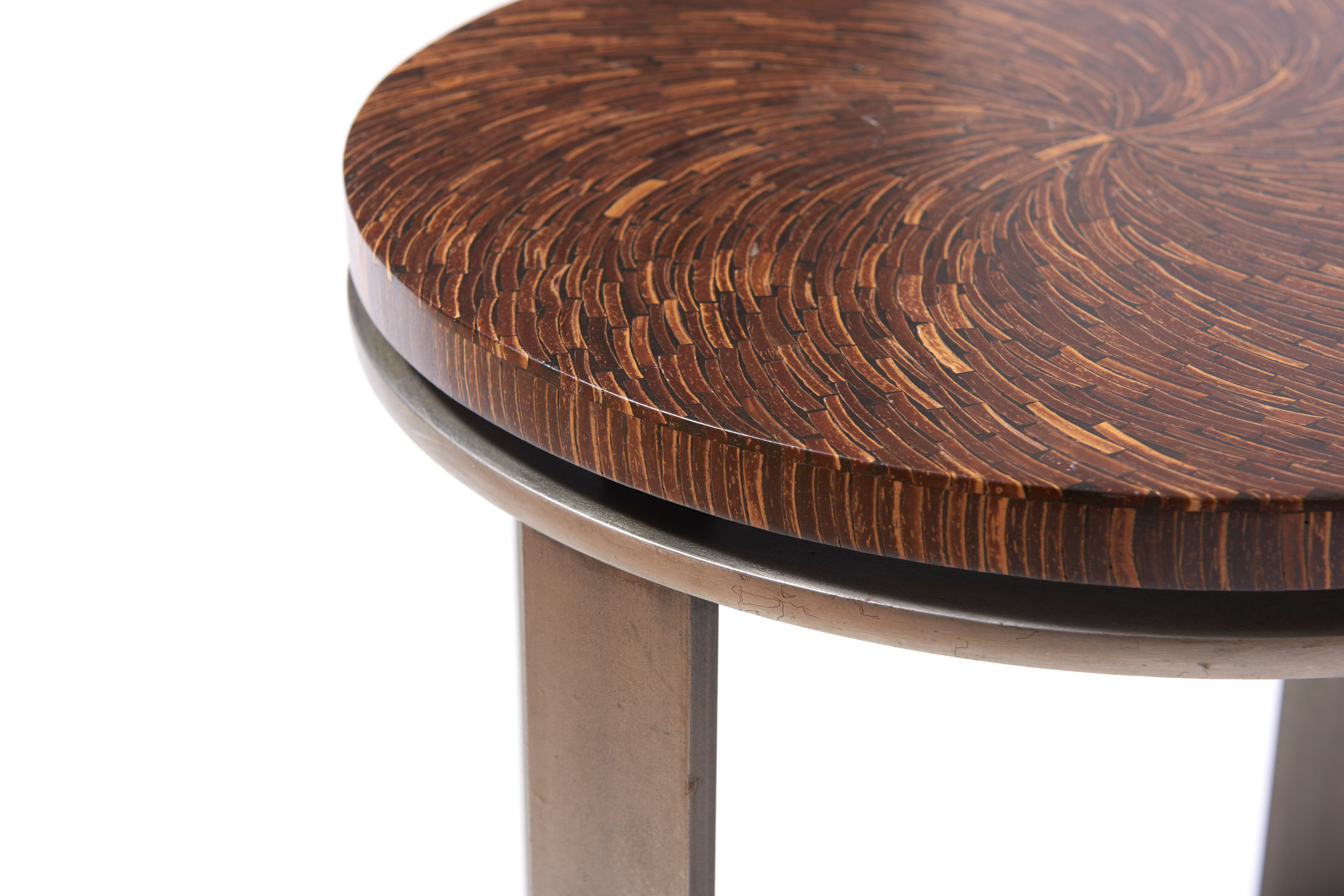 Art-deco style side table in palm wood and steel base
