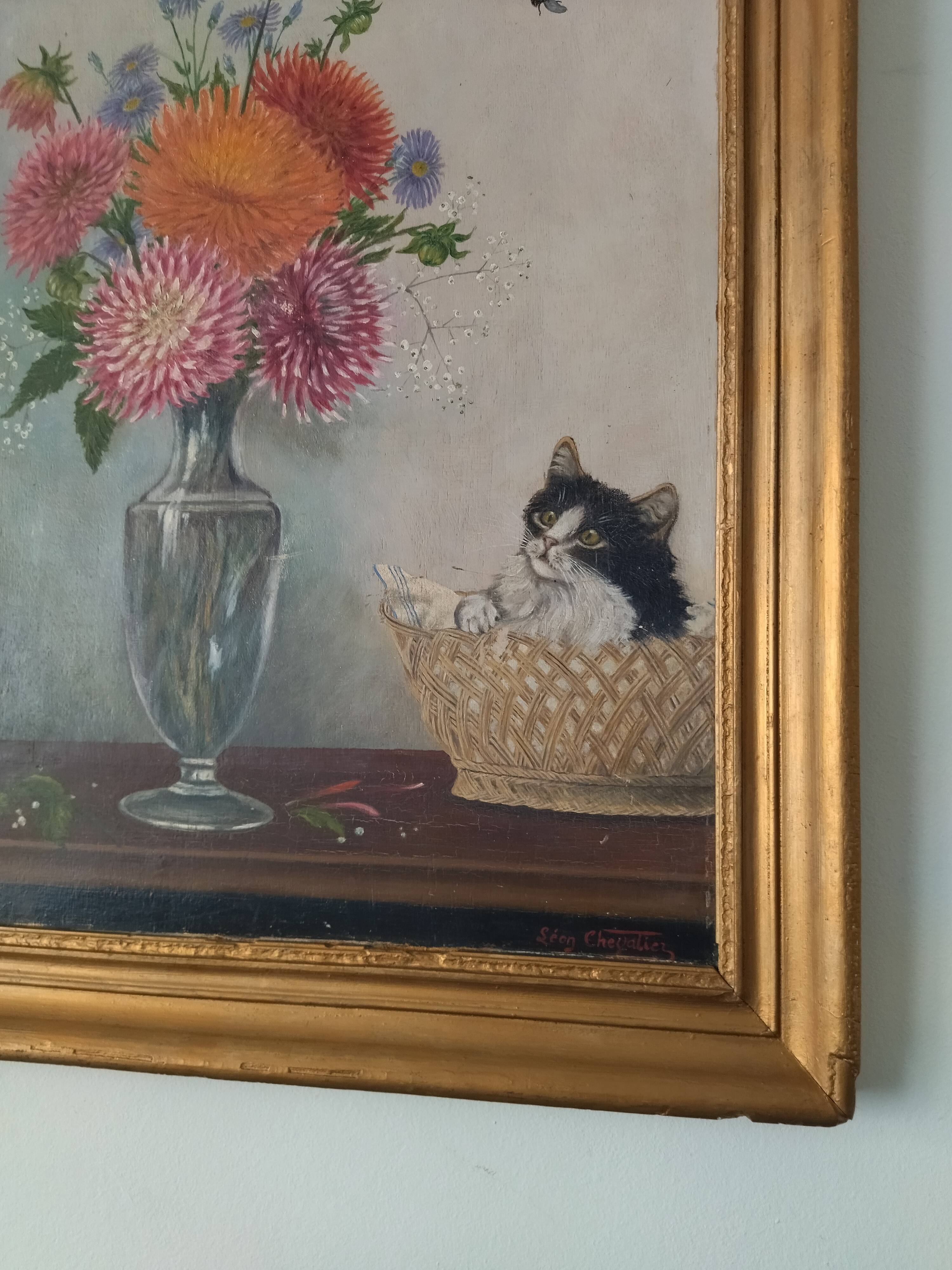 Old panel painting - Kitten and Flowers - Signed Léon Chevalier