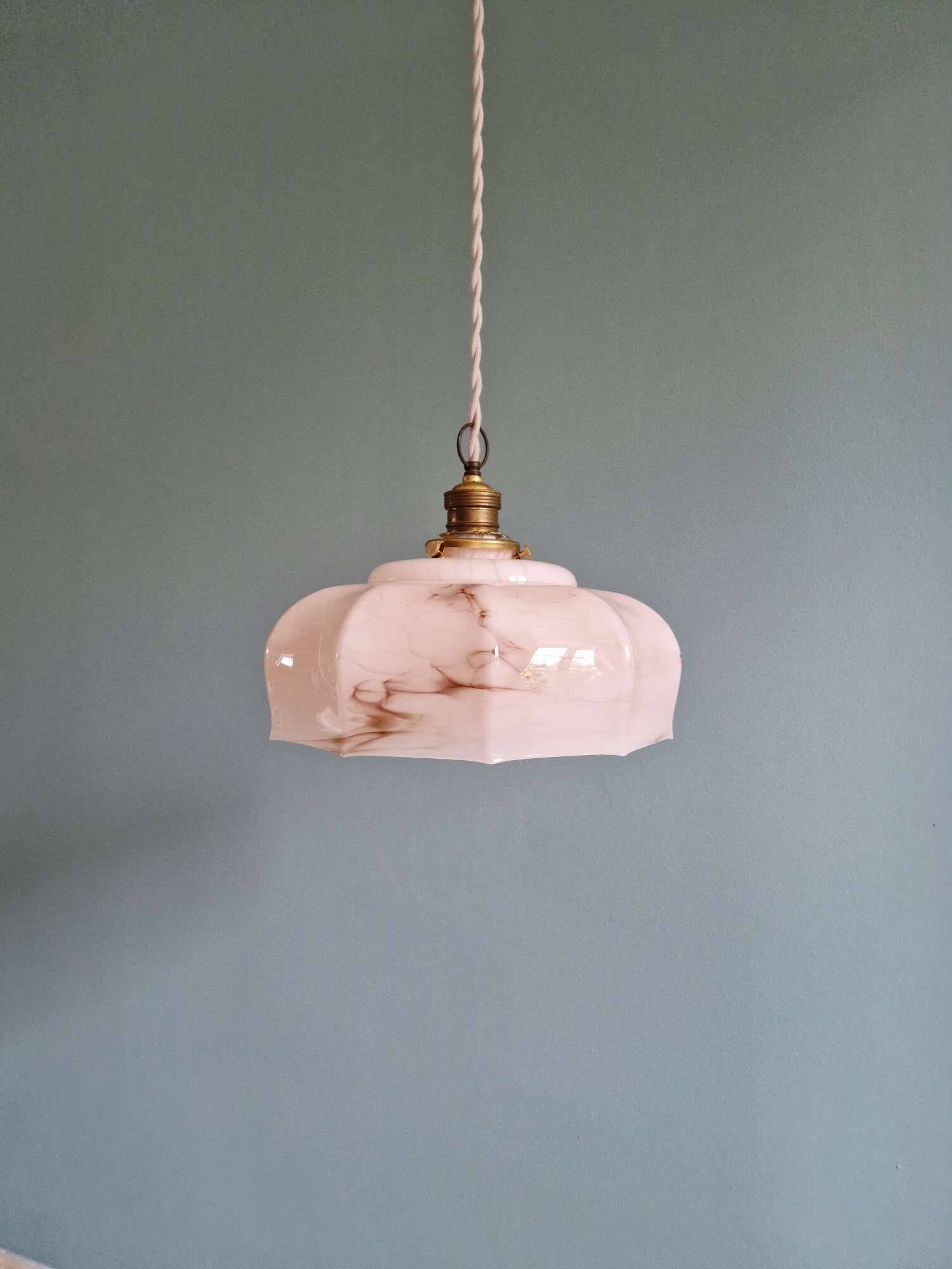 Art Deco pendant light in pink marbled opaline, Scailmont, 1920-30