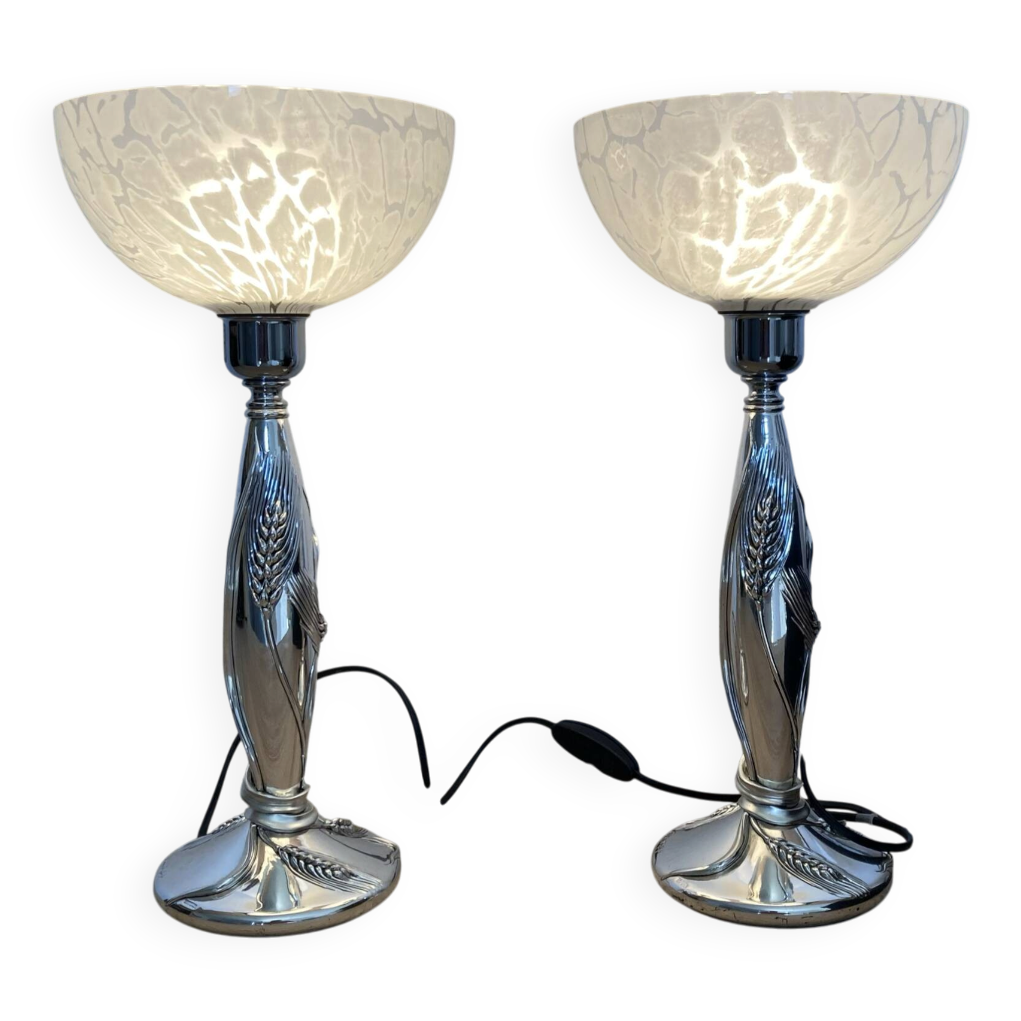 Paire de lampe argentée de Marcello gorgio abat jour murano