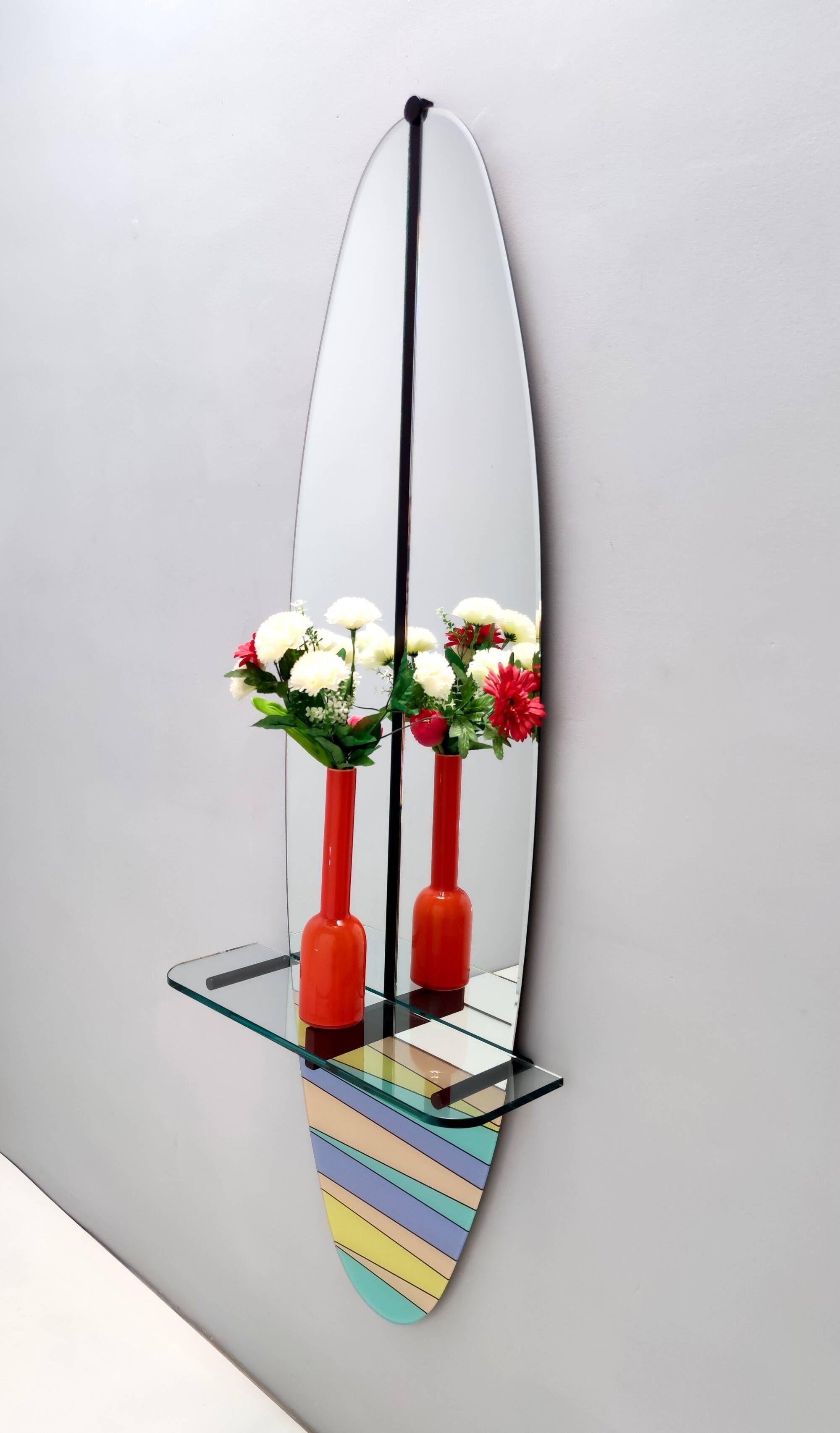 Postmodern Oval Wall-Mounted Entryway Mirror and Console Table with Glass T