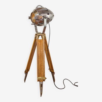 1930s Hewitt Universal Antique Hollywood Film projector Floor Lamp onWooden Surveyor Tripod