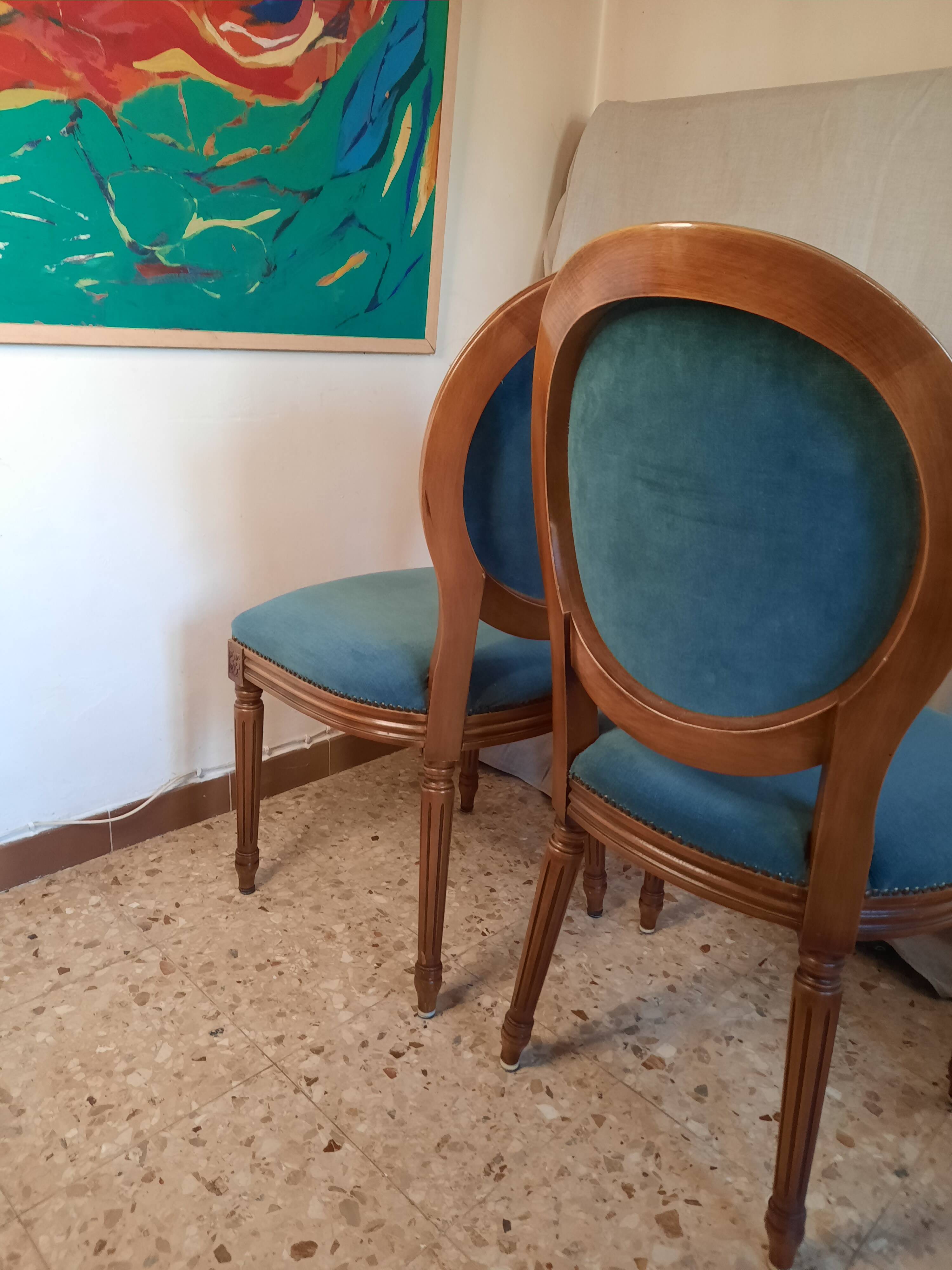 Pair of blue velvet medallion chairs