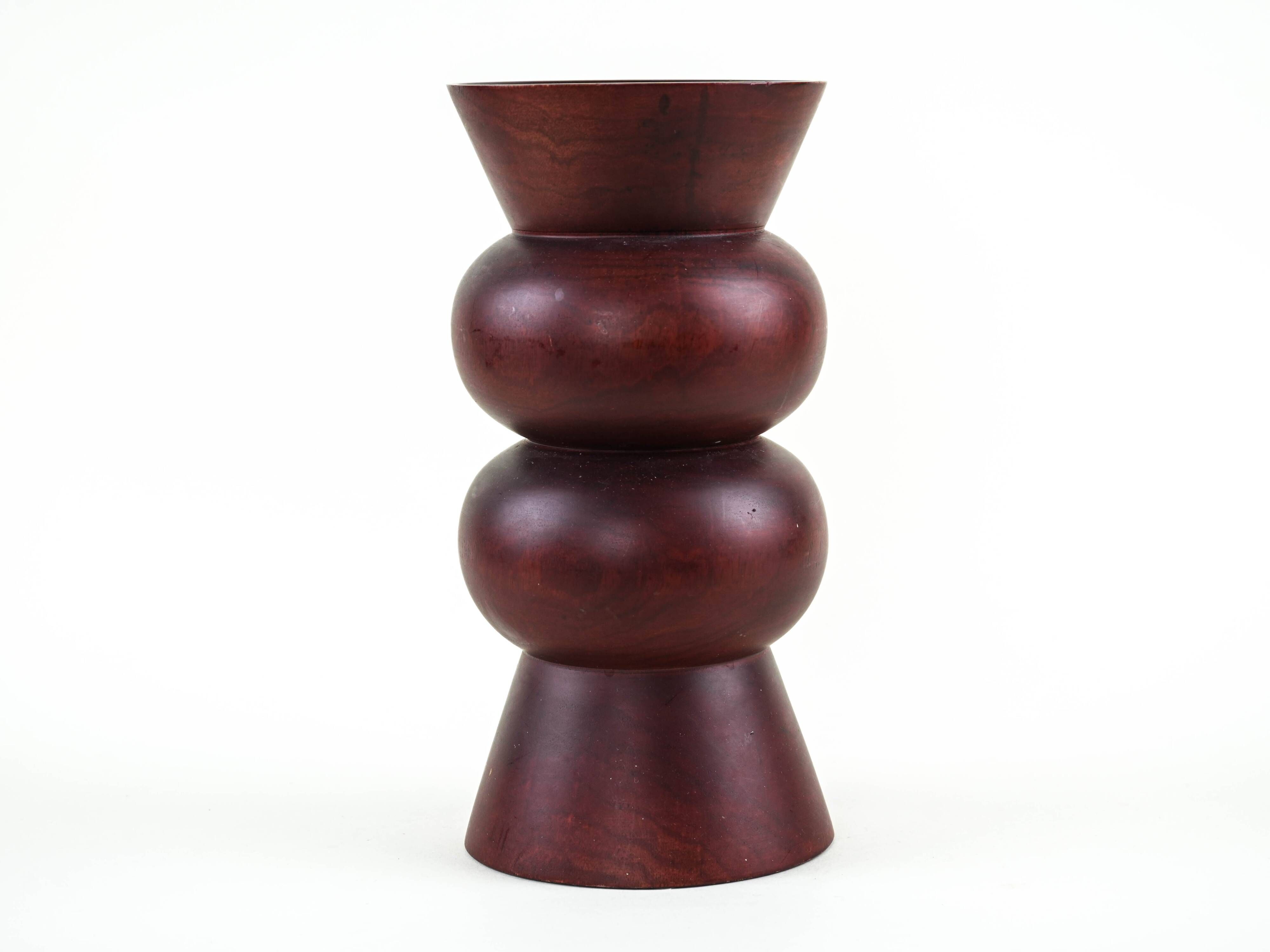 Turned wooden vase in segmented technique, burgundy, Danish, 1970s
